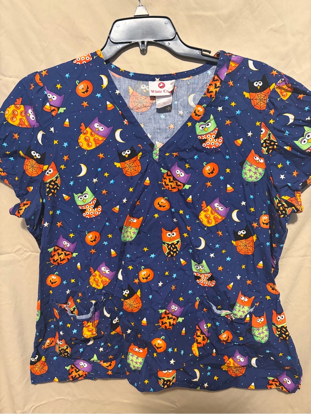 White Cross Women's Navy Halloween Owl Print Scrub Top